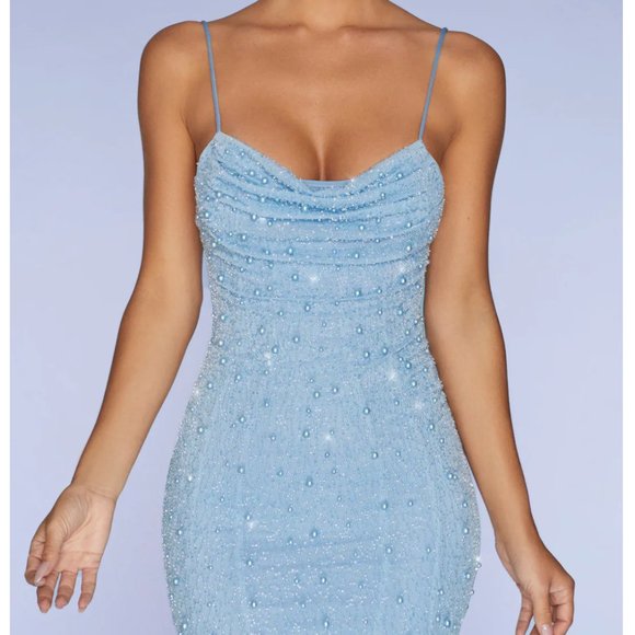 Oh Polly Dresses & Skirts - Women Oh Polly Embellished Cowl Neck Mini Dress in Blue Size 8